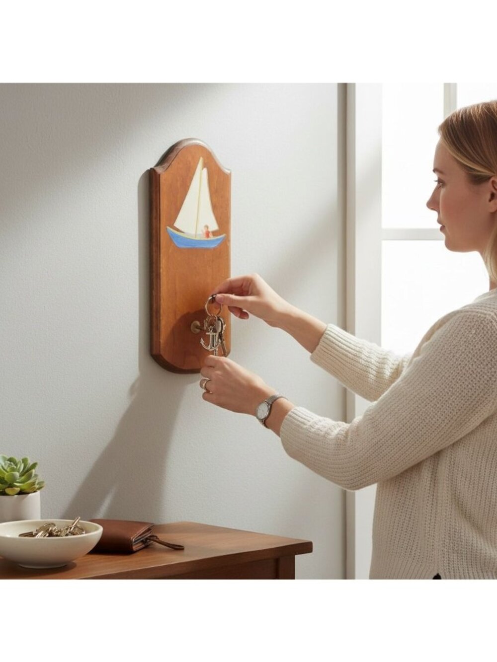 Wooden Nautical Beach Decor Sailboat Key Hook